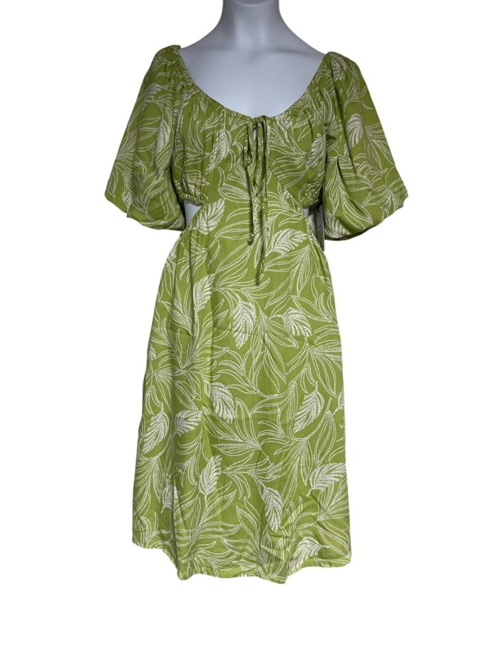 Japna Midi Dress Womens XS Rayon Green White Leaf Print Puff Sleeve Midi Dress
